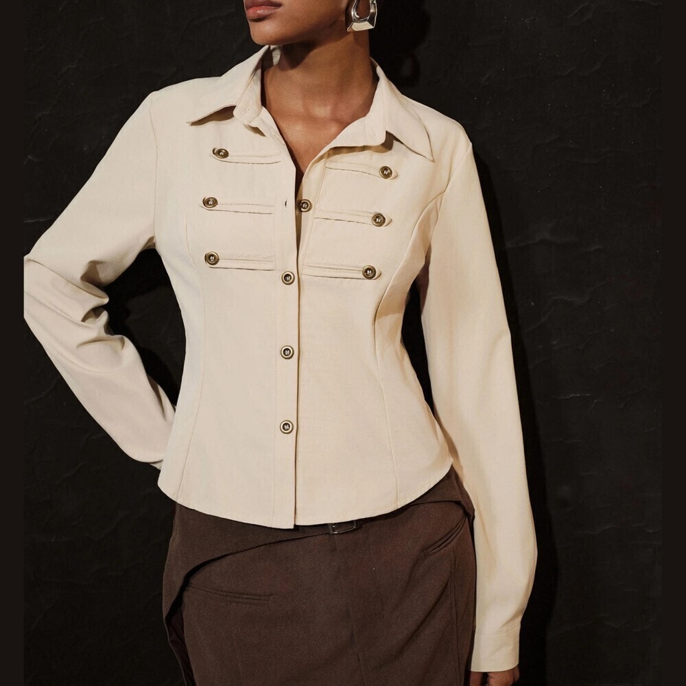 Cream Military Style Button Front Fitted Long Sleeve Shirt